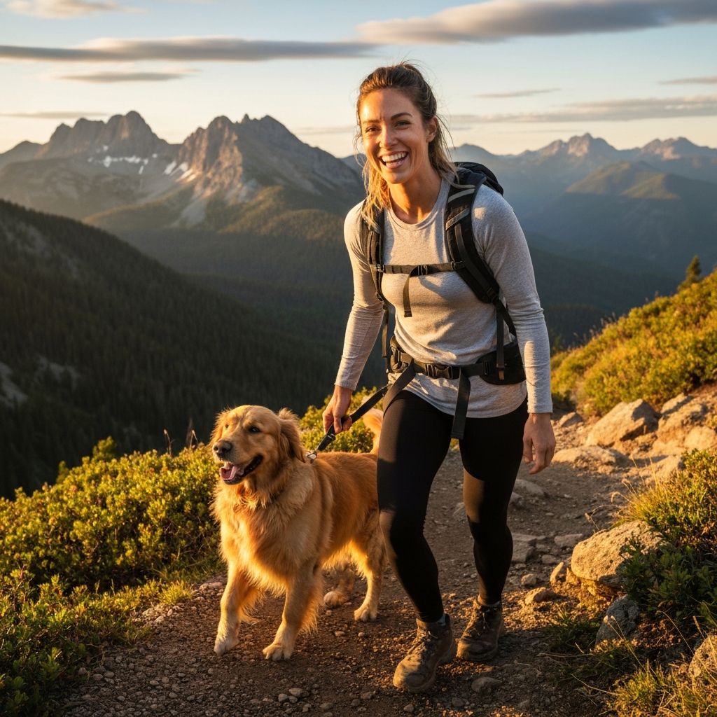 Happy traveler hiking with their golden retriever in the mountains at sunset